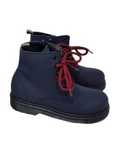 Il Gufo Boy Navy Ankle Boots With Burgandy Laces And Side Zip