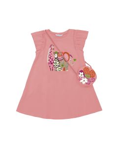 Mayoral Girls Peony Pink Dress With Animal Print And Flowery Bag Detail