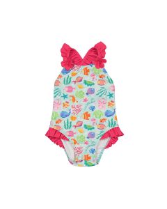 Mayoral Little Girls Ocean All Over Print Swimsuit With Orchid Pink Trim