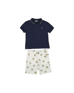 Mayoral Boys Navy Polo Shirt With All Over Palm Tree Printed Shorts Set