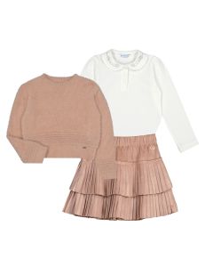 Mayoral Girls Ivory Long Sleeve Top, Nude Pleated Skirt And Fur Jumper