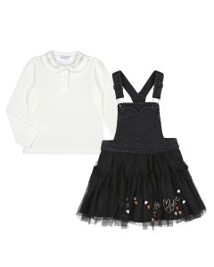 Mayoral Little Girls Black Denim Pinafore Dress And Long Sleeve Top Set