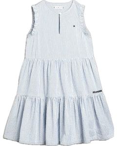 Tommy Hilfiger Pale Blue Striped Tiered Cotton Dress