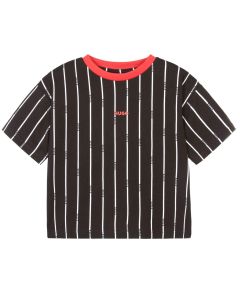 HUGO Boys Black Cotton Striped Logo T-Shirt