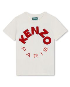 KENZO KIDS Boys  Red Bouclé Logo Ivory Cotton T-Shirt