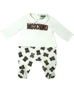 Moschino Baby White Multi Coloured Logo Teddy Babysuit