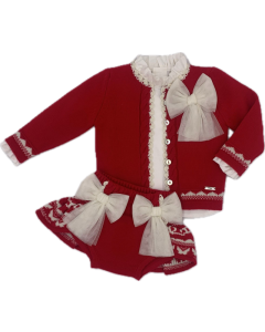 Rahigo Baby Red & Ivory Girls Cardigan, Blouse And Skirt Set