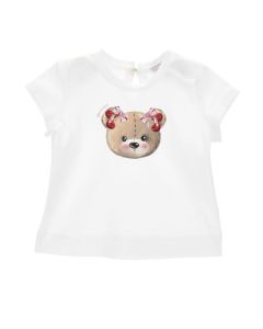Monnalisa Girls White Teddy Bear Cherry Cotton T-Shirt