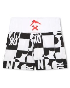 DKNY Boys Black &amp; White Checkerboard Logo Print Swim Shorts