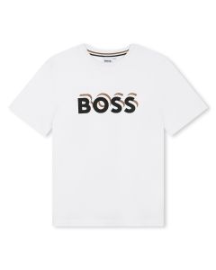 BOSS Boys Beige &amp; Black Logo  White Cotton T-Shirt