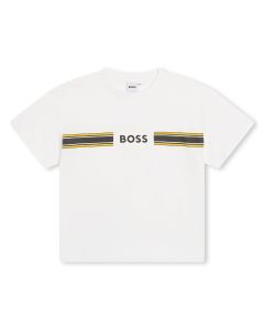 BOSS Boys Black &amp; Yellow Logo White Cotton T-Shirt