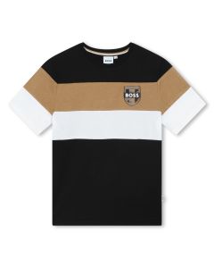 BOSS Boys NS 2024 Black Logo Striped Cotton T-Shirt