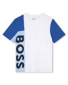 BOSS Boys White &amp; Blue Cotton T-Shirt