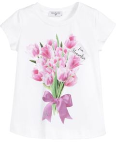 Monnalisa Girls White Cotton Pink and Green Floral Print T-Shirt