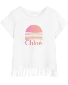 Chloé White Cotton Logo Fringed T-Shirt