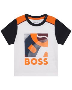 BOSS Boys White & Blue Abstract  Logo Print T-Shirt