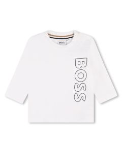 BOSS Bright White Cotton Long Logo Baby Top