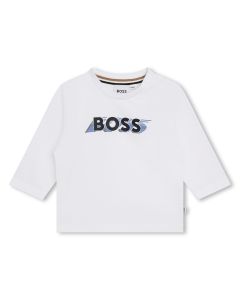BOSS Bright White Cotton Blue Graphic Logo Baby Top