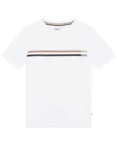 BOSS Boys White Cotton Signature Stripe Logo T-Shirt