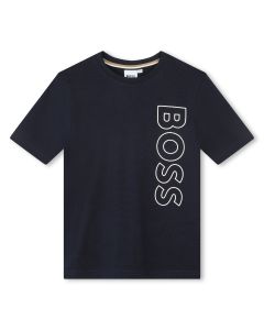 BOSS Boys Vertical Brand Logo Navy Cotton T-Shirt
