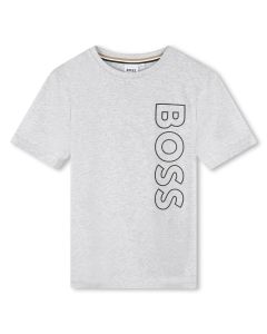 BOSS Boys Vertical Brand Logo Grey Cotton T-Shirt