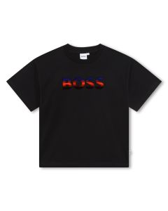 BOSS Boys Velour Appliqué  Logo Black T-Shirt