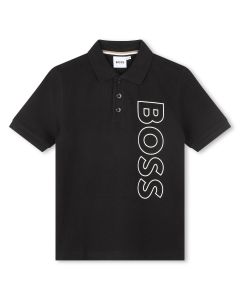 BOSS Boys Black Bold Vertical Logo Cotton Polo Shirt