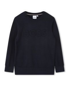 BOSS Boys Navy Blue Knitted Cotton Embroidered Logo Sweater