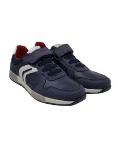 Geox Boys Blue Leather Trainers With White And Grey Detail And Velcro Strap
