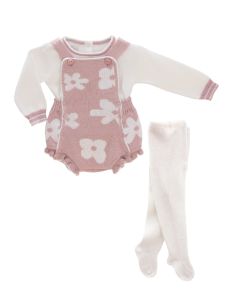Pretty Originals Girls White and Pink Floral Knitted Romper and Tights Set