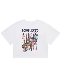 KENZO Girls White Bamboo Jungle Print Cotton Logo T-Shirt
