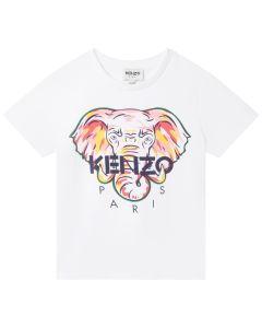 KENZO KIDS Girls Pink &amp; Yellow Elephant Logo White T-Shirt