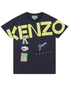 KENZO Boys Navy Blue Cotton Green Logo T-Shirt