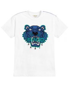 Kenzo Kids Boys White Cotton T-Shirt With Blue Iconic TIGER