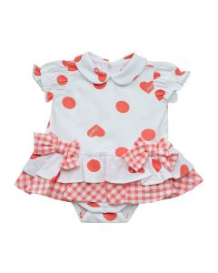 A'Dee Little A Pretty Polka 'Hooper' White Romper With Coral Polka Dot Allover Pattern