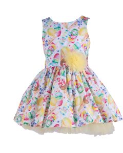 Daga Girls White Dress With All-Over Ice Cream Print And Yellow Tulle Detail