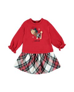 Mayoral Little Girls Red Scottish Dog Top And Tartan Skirt Set