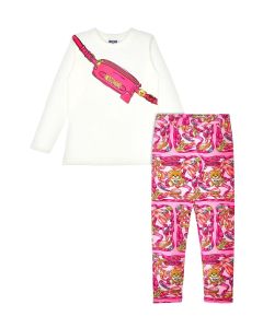 Moschino Kid-Teen Girls Ivory &amp; Pink Cotton Belt Bag Leggings Set