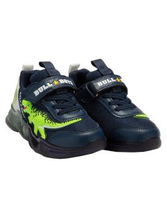 Bull Boys Dinosaur T-Rex Navy Trainers With White Heel And Light Up Sole