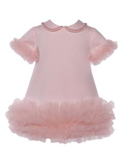 Bimbalo Girls Pink Short Sleeve Dress withBeaded Collar Tulle Cuffs And Trim Along The Bottom