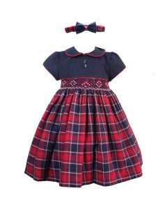 Pretty Originals Girls Red And Navy Checked Smocked Dress With Headband