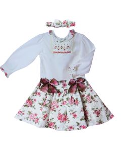 Pretty Originals Girls Cream and Rose Floral Shirt And Skirt Set