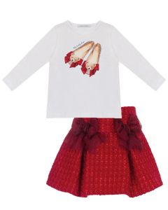 Balloon Chic Girls Teddy Shoes Top & Red Tweed Skirt Set 