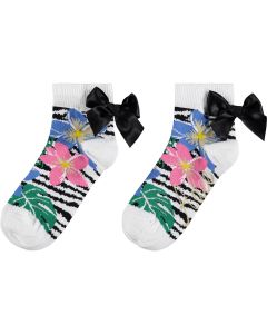 A'Dee Tropical Dreams 'Wheely' Allover Floral Print Ankle Socks With Black Bow Detail