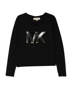 Michael Kors Girls Black Long Sleeve Silver Sequin Logo T-shirt
