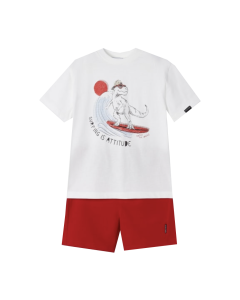 Mayoral Boys Cream T-Shirt With Dinosaur Surfing Print And Red Short Set