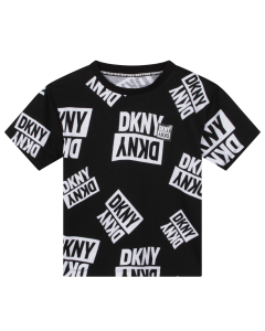 DKNY Boys Black Cotton T-shirt With White Repeat Logo