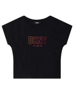 DKNY Girls Black Cropped T-shirt With Bright Pink Logo