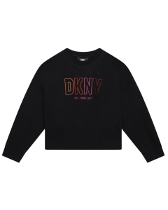 DKNY Girls Black Sweatshirt With Bright Pink Embroidered Logo