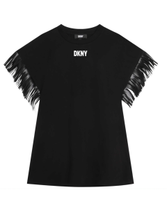 DKNY Girls Black Dress With White Logo And Fringe Detail